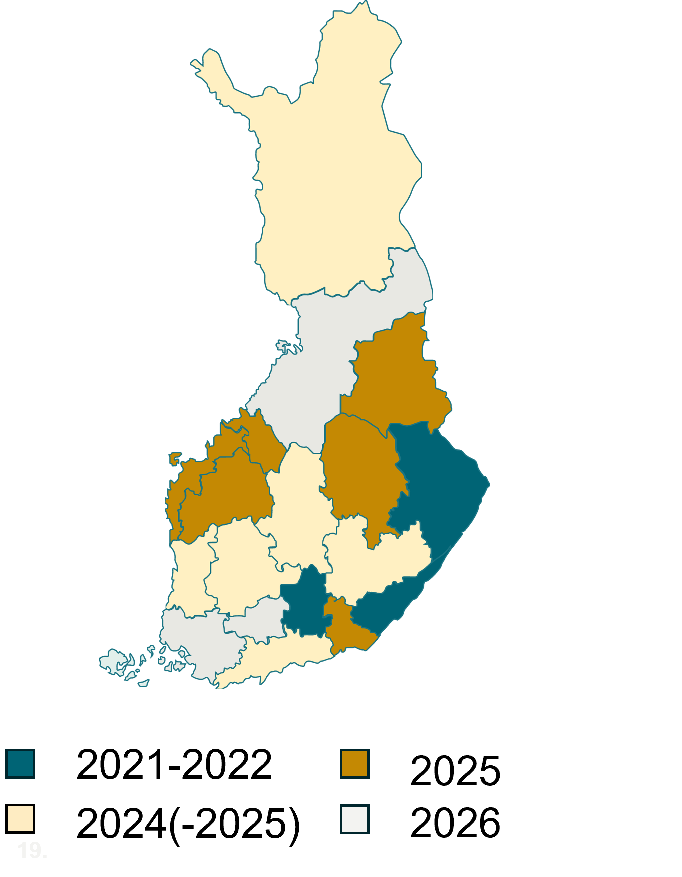 Suomen kartta, jossa maakunnat korostettuna eri väreillä suunnittelun ja toimeenpanon alkamisen mukaan. Vuodet eritelty sivulla alempana tekstinä.