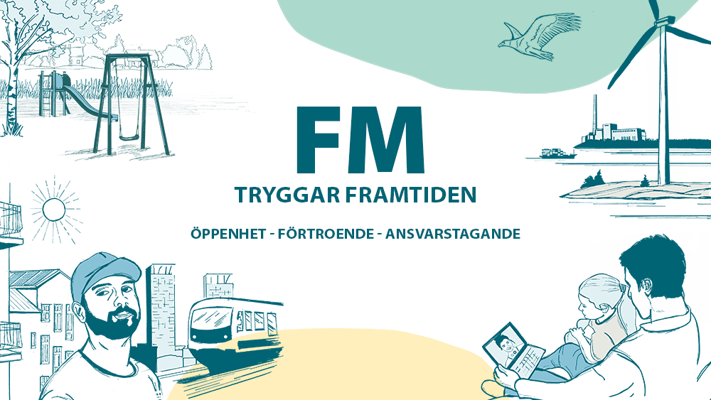 Teckning som föreställer förändringsfaktorer i finansministeriets verksamhetsmiljö. Teckningen är uppdelad i fyra delar. I en av teckningarna syns en tom lekplats. I den andra teckningen syns en vuxen och ett barn som ringer ett videosamtal till en annan vuxen. I den tredje teckningen finns en människa i stadsmiljö. Bakom människan syns en tunnelbana, flera tornhus och ett flervåningshus, på vars tak det finns solpaneler. I den fjärde teckningen finns ett vindkraftverk vid vattenytan. I bakgrunden syns en fabriksbyggnad, ett fraktfartyg på vattnet och en fågel som flyger på himlen.