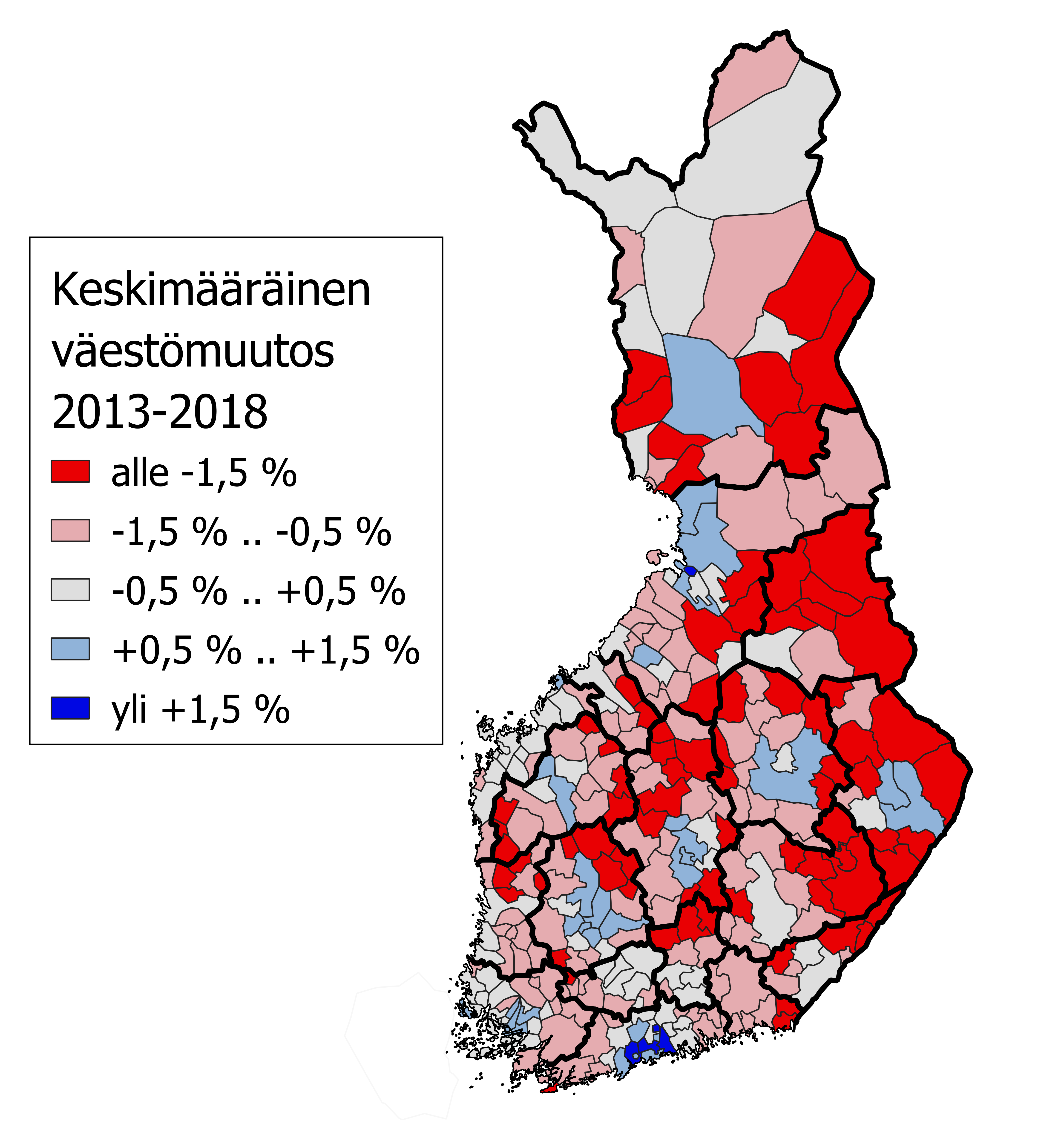 Suomen kartta keskimääräisestä väestömuutoksesta vuosina 2013-2018.