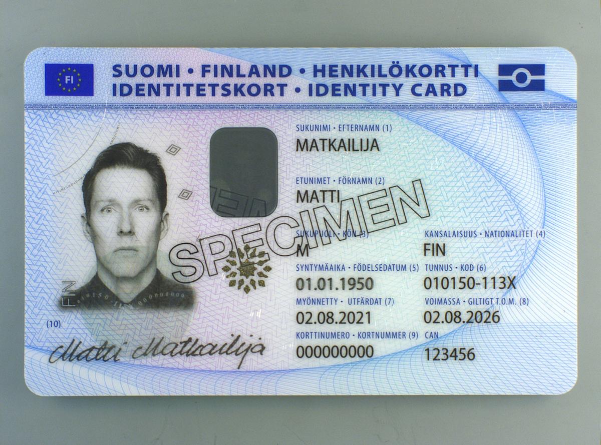 Suomalaisen henkilökortin etupuolen kuva.